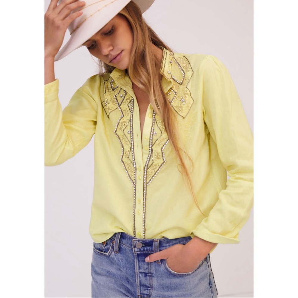 NWT Pilcro Anthropologie Nayeli Beaded Buttondown Top Neon Green Medium